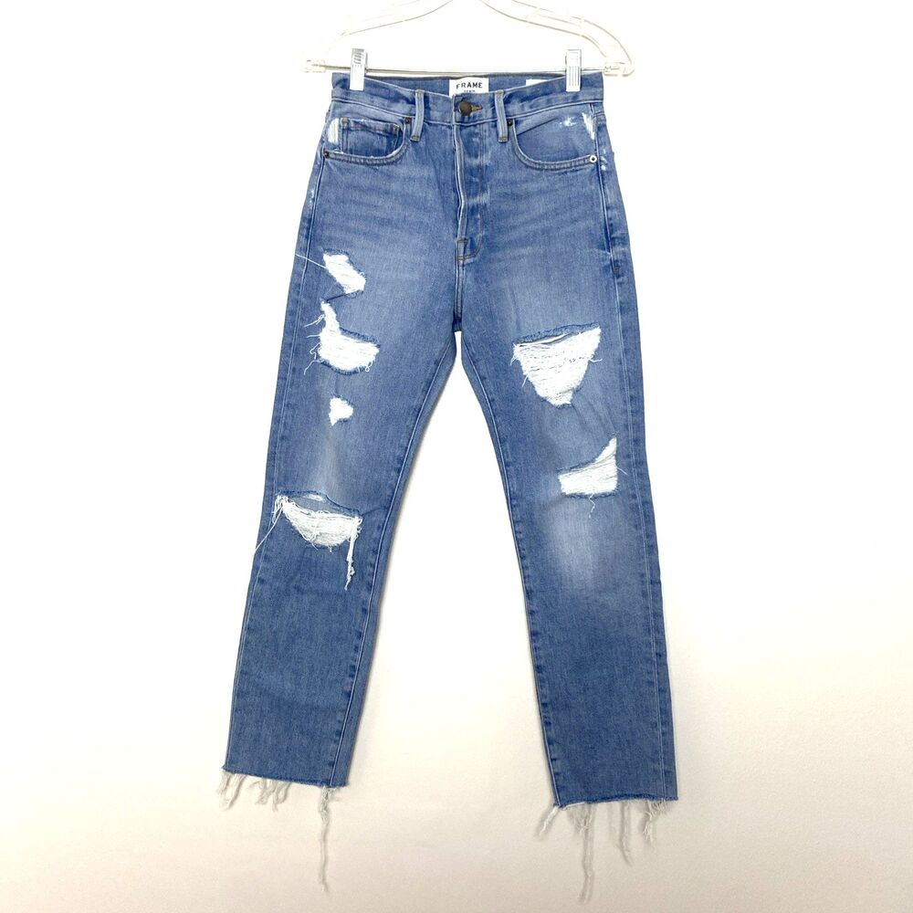 FRAME Le original Jeans Size 24 Blue Frayed Hem Button Fly Distressed High Rise